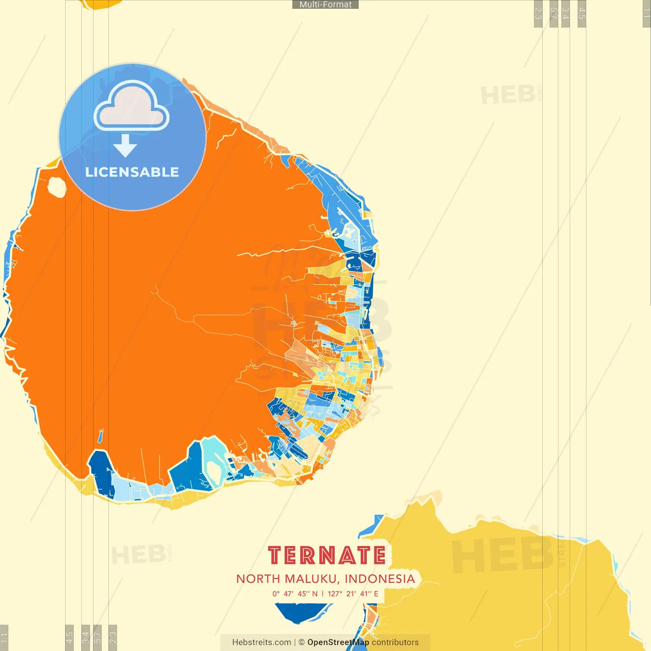 Ternate, North Maluku, Indonesia blue and orange vector art map template