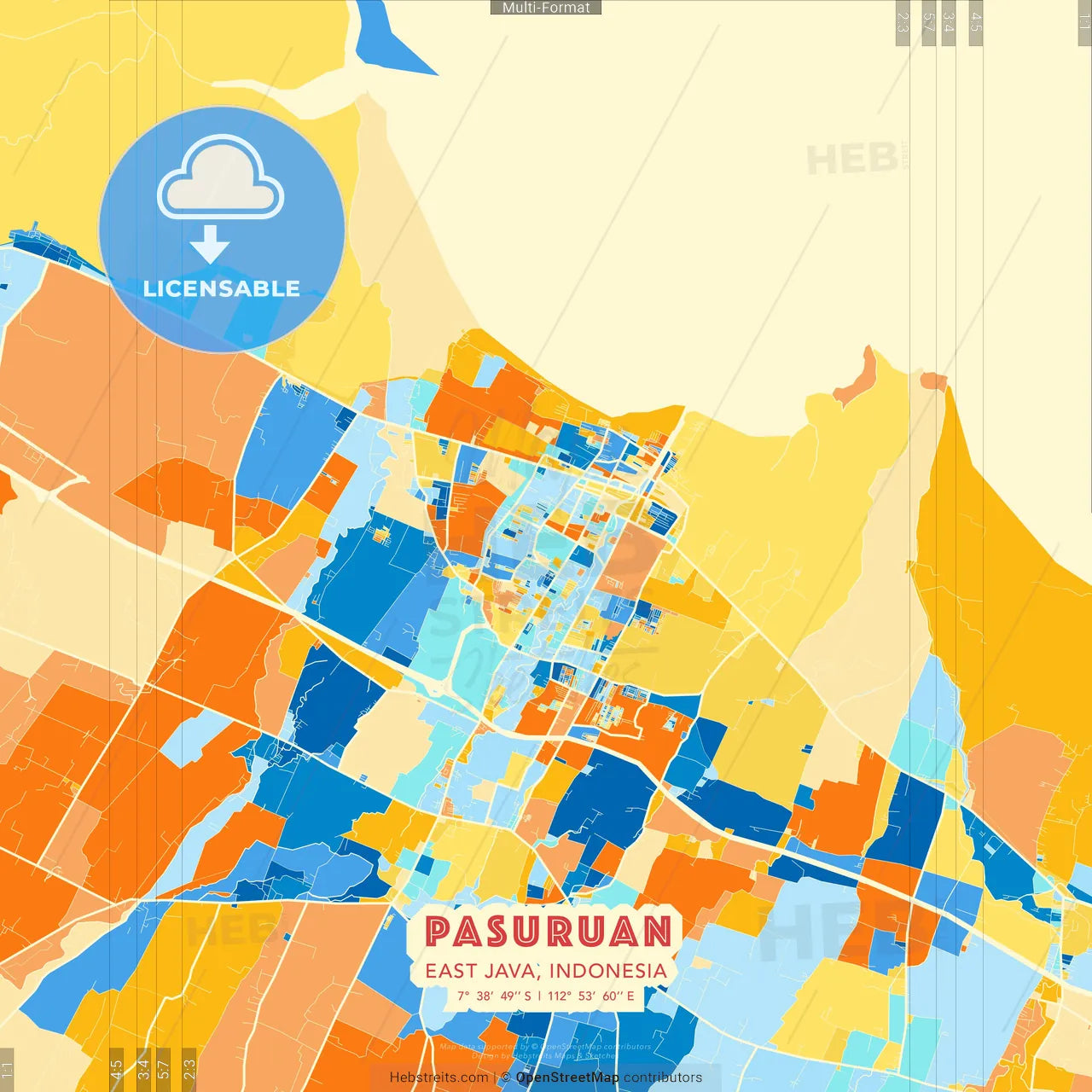 Pasuruan, East Java, Indonesia blue and orange vector art map template