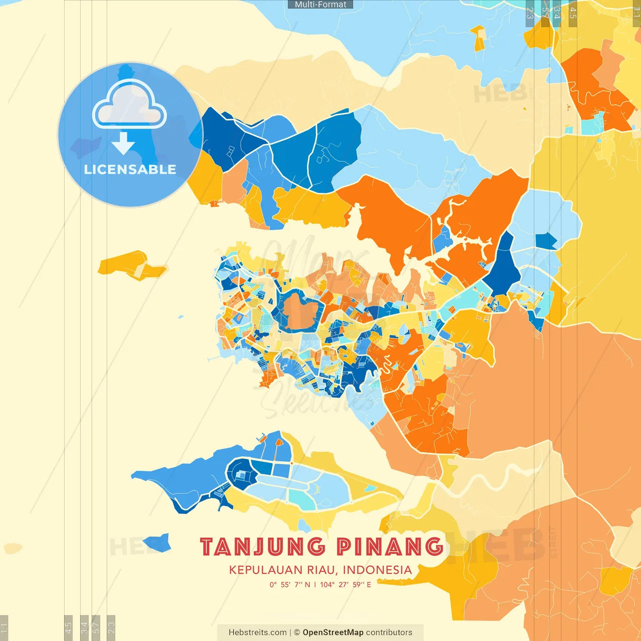 Tanjung Pinang, Kepulauan Riau, Indonesia blue and orange vector art map template