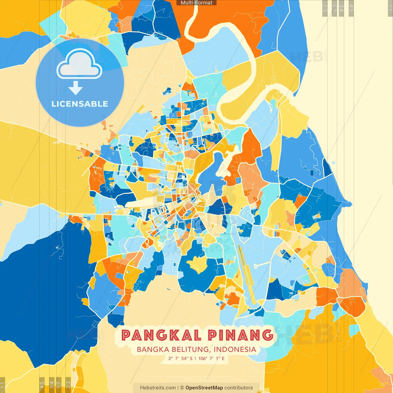 Pangkal Pinang, Bangka Belitung, Indonesia blue and orange vector art map template