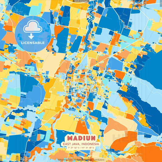 Madiun, East Java, Indonesia blue and orange vector art map template