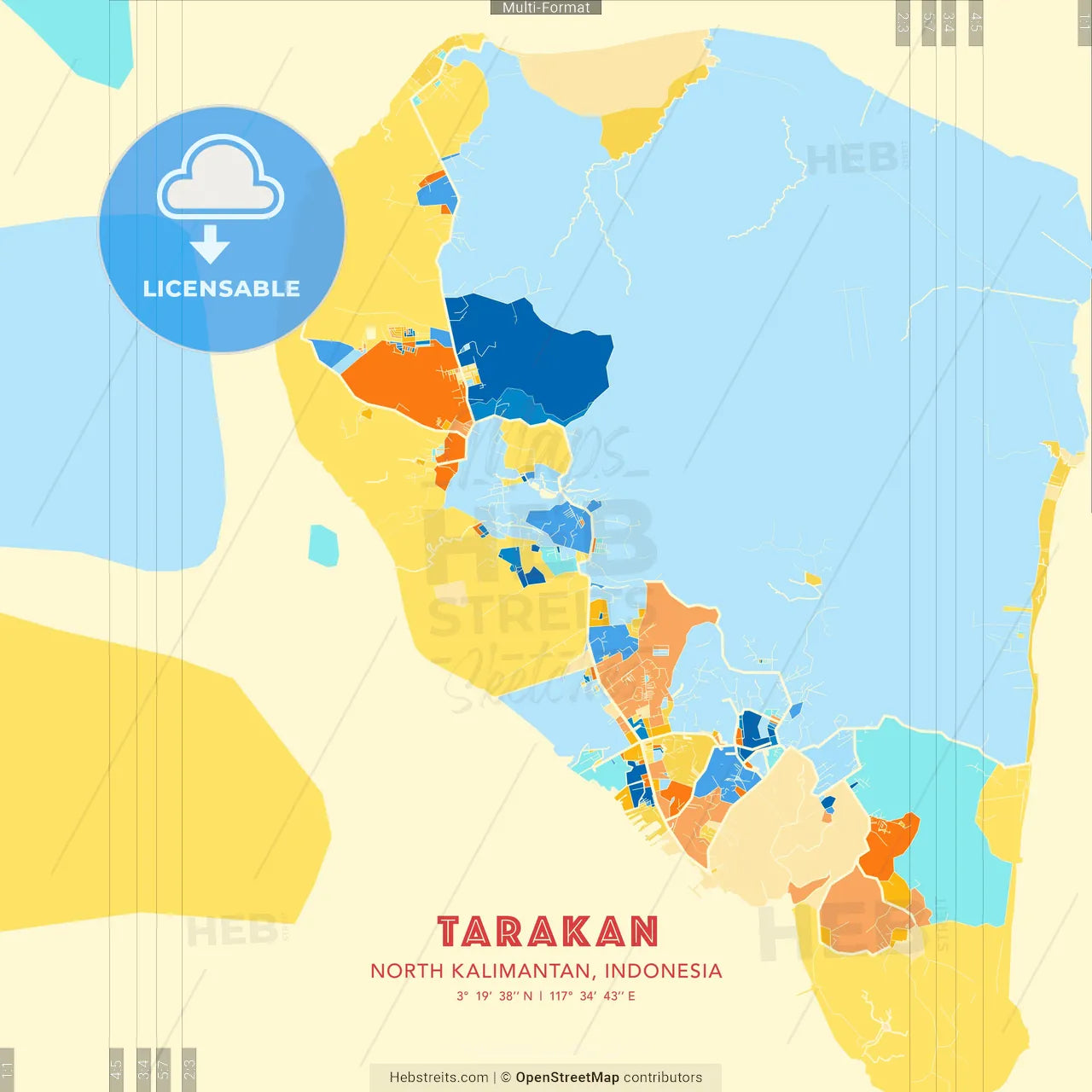 Tarakan, North Kalimantan, Indonesia blue and orange vector art map template