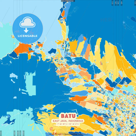 Batu, East Java, Indonesia blue and orange vector art map template