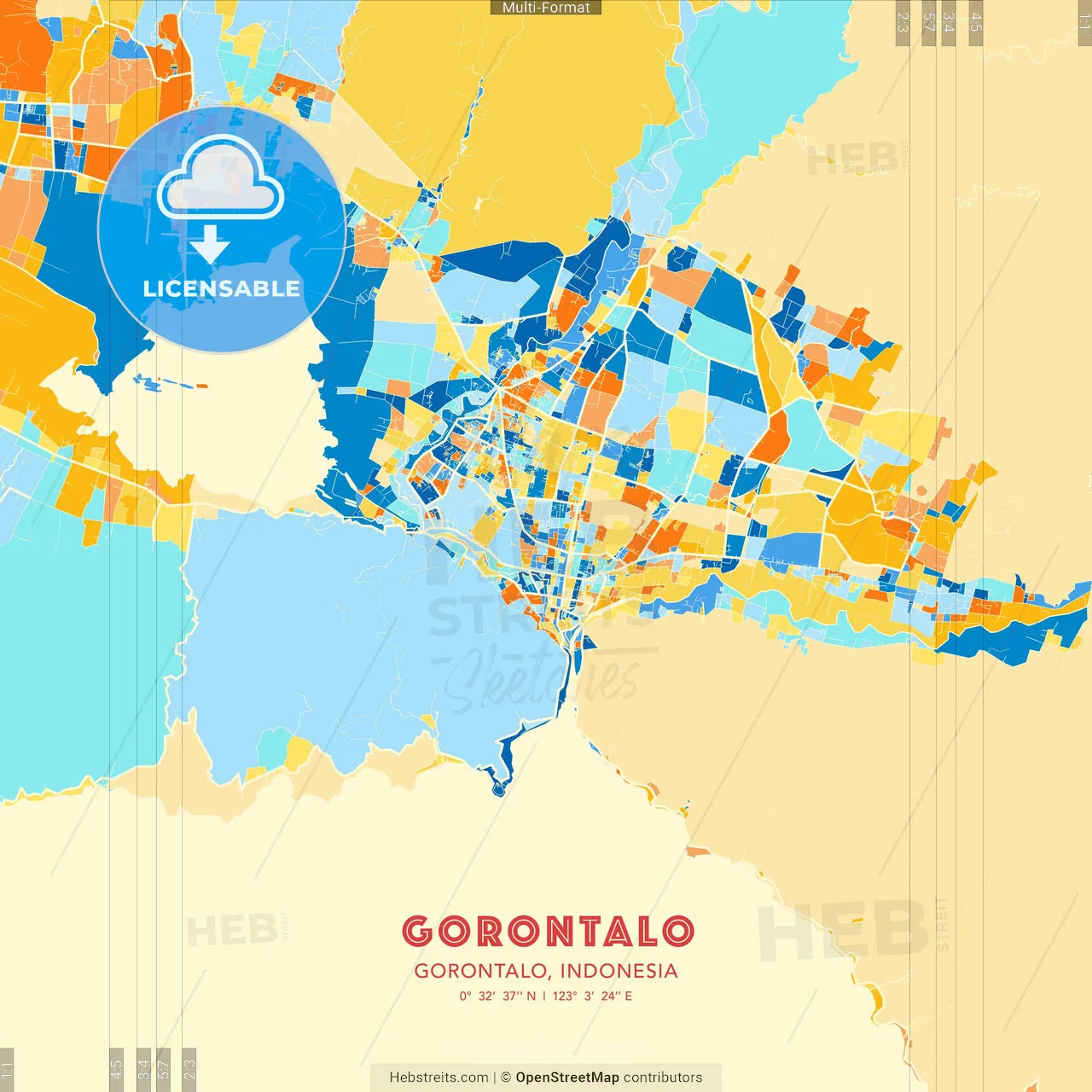 Gorontalo, Gorontalo, Indonesia blue and orange vector art map template
