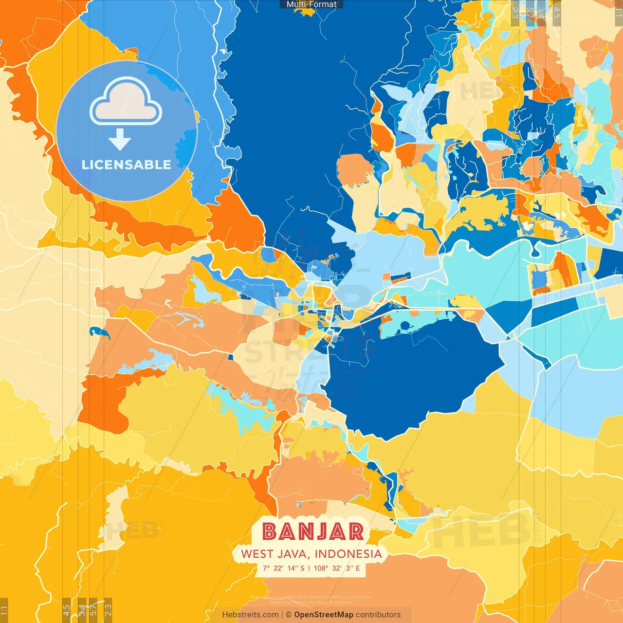 Banjar, West Java, Indonesia blue and orange vector art map template