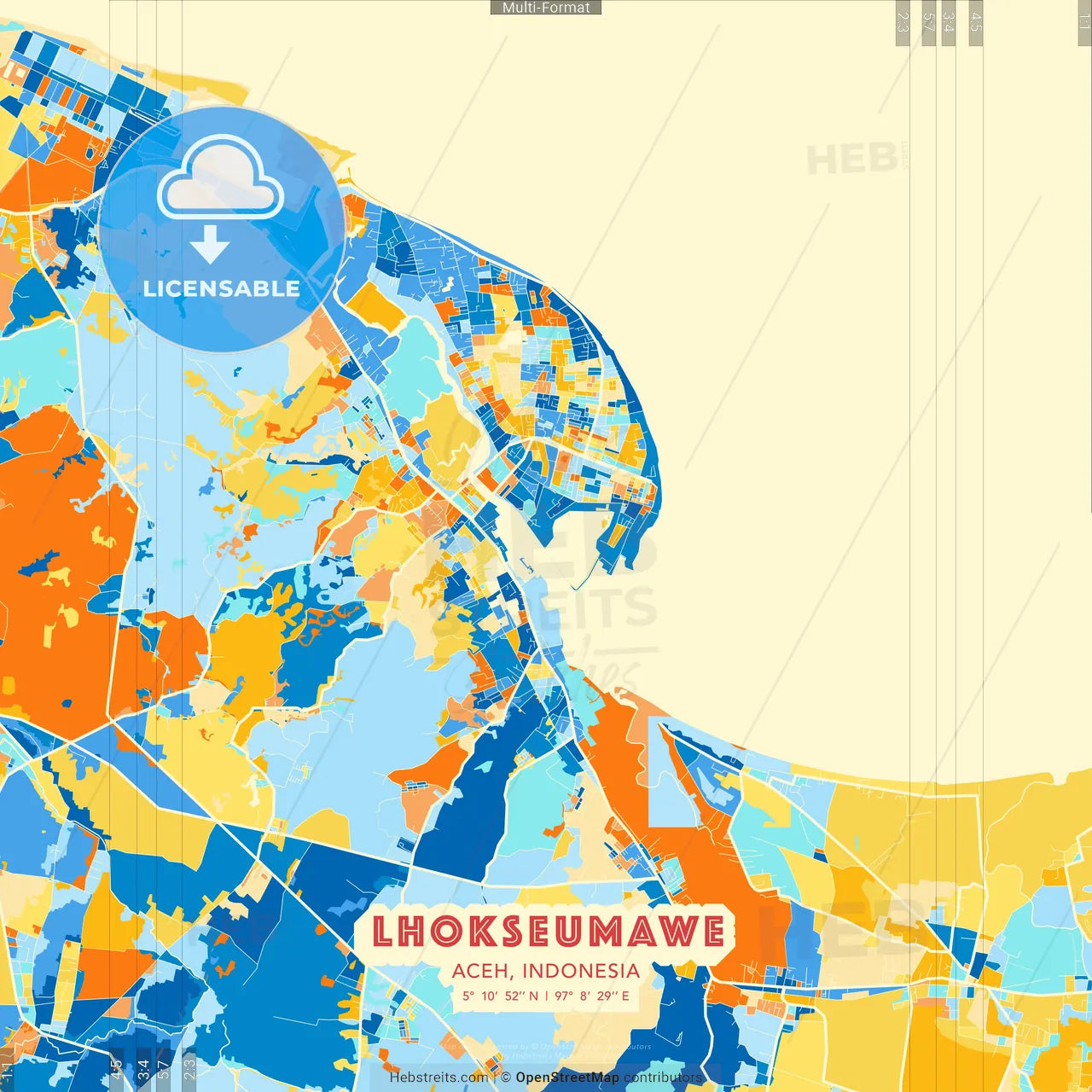 Lhokseumawe, Aceh, Indonesia blue and orange vector art map template