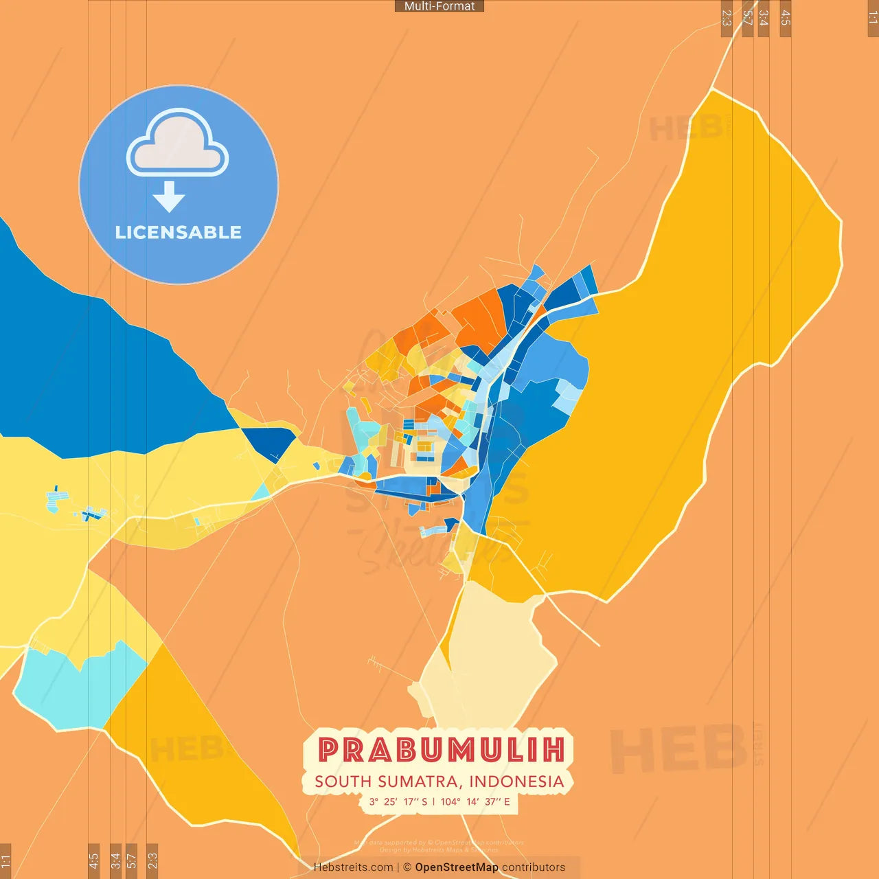 Prabumulih, South Sumatra, Indonesia blue and orange vector art map template