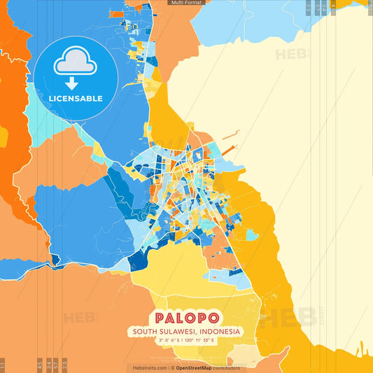 Palopo, South Sulawesi, Indonesia blue and orange vector art map template