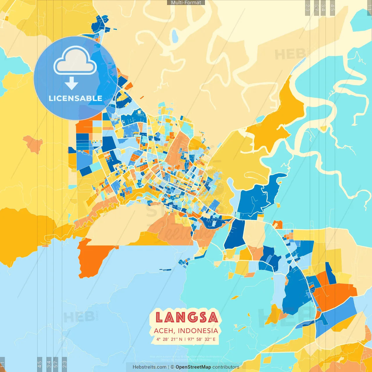 Langsa, Aceh, Indonesia blue and orange vector art map template