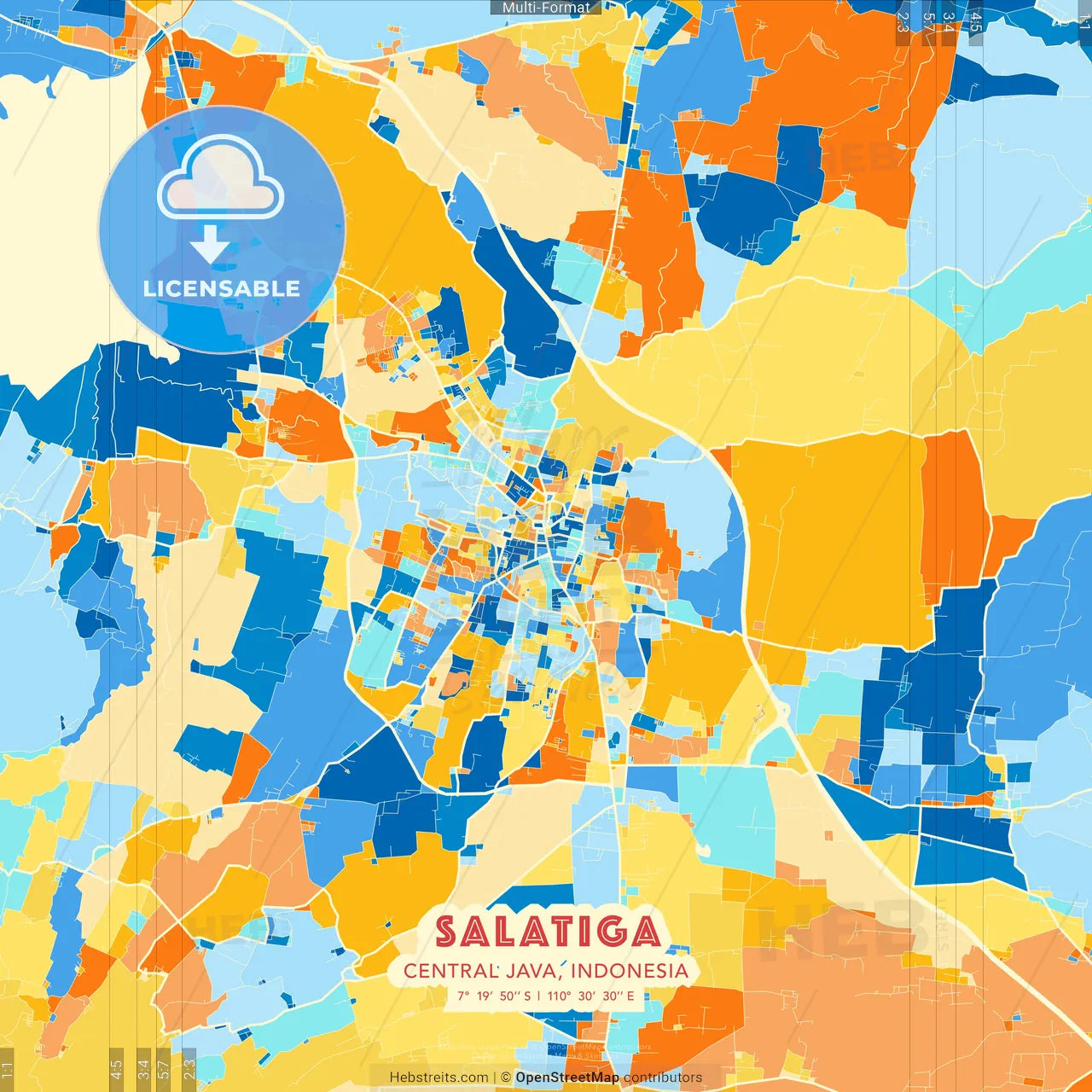 Salatiga, Central Java, Indonesia blue and orange vector art map template