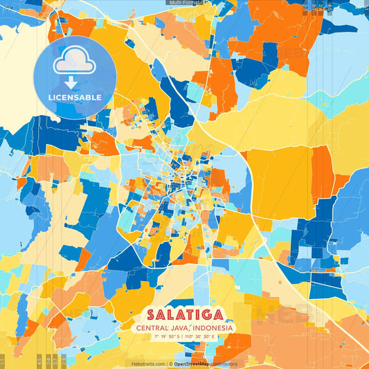 Salatiga, Central Java, Indonesia blue and orange vector art map template