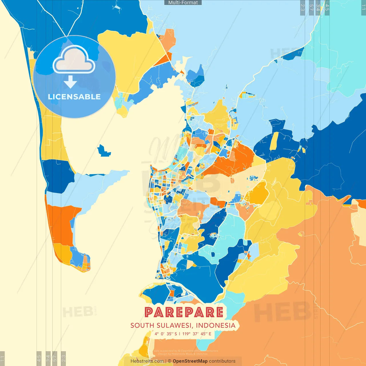 Parepare, South Sulawesi, Indonesia blue and orange vector art map template