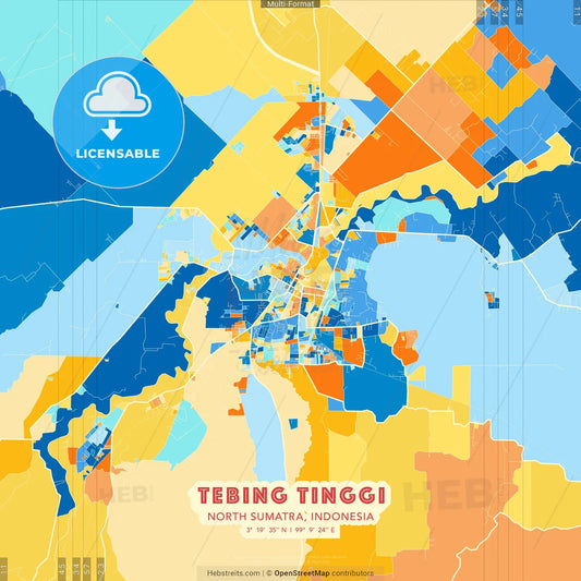 Tebing Tinggi, North Sumatra, Indonesia blue and orange vector art map template