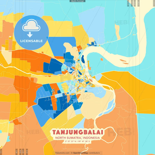 Tanjungbalai, North Sumatra, Indonesia blue and orange vector art map template
