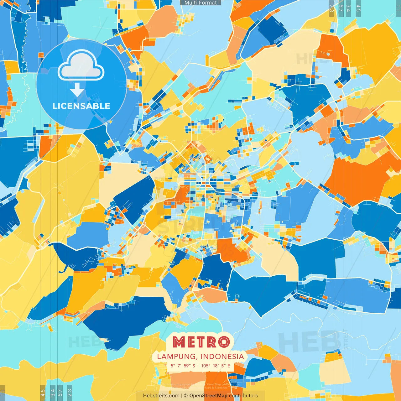 Metro, Lampung, Indonesia blue and orange vector art map template