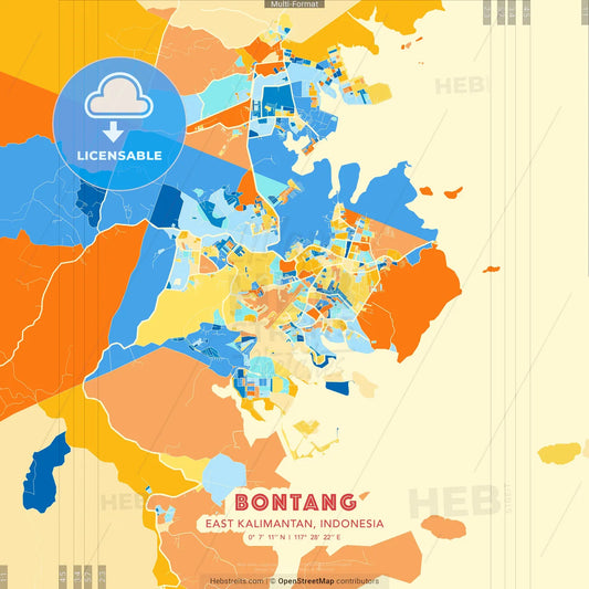 Bontang, East Kalimantan, Indonesia blue and orange vector art map template