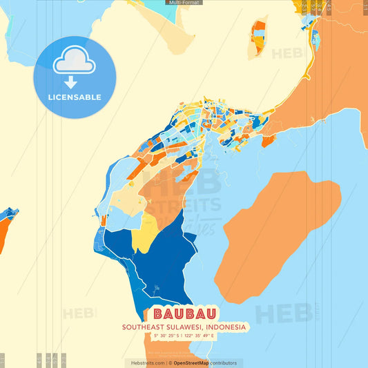 Baubau, Southeast Sulawesi, Indonesia blue and orange vector art map template