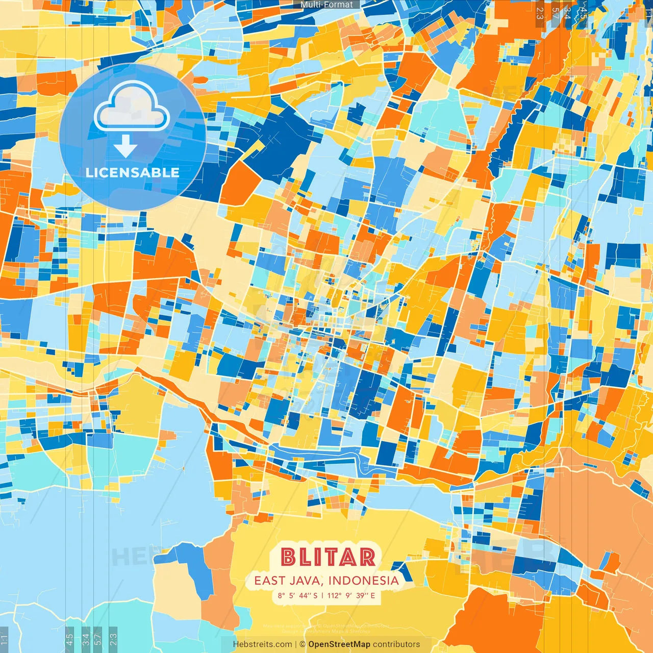 Blitar, East Java, Indonesia blue and orange vector art map template