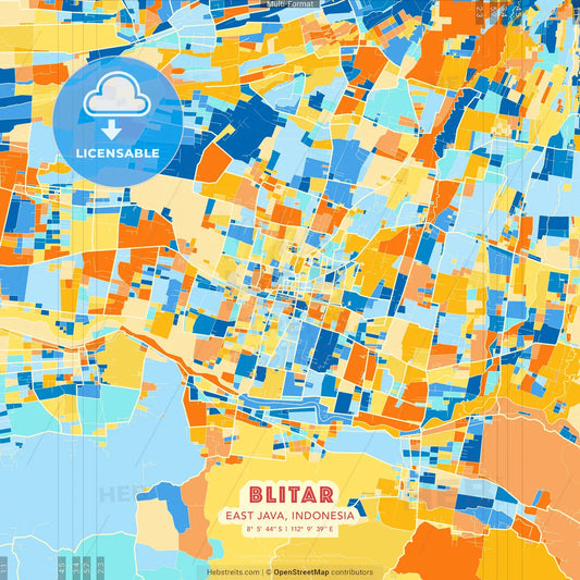 Blitar, East Java, Indonesia blue and orange vector art map template