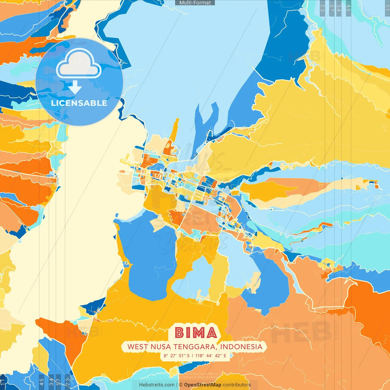 Bima, West Nusa Tenggara, Indonesia blue and orange vector art map template