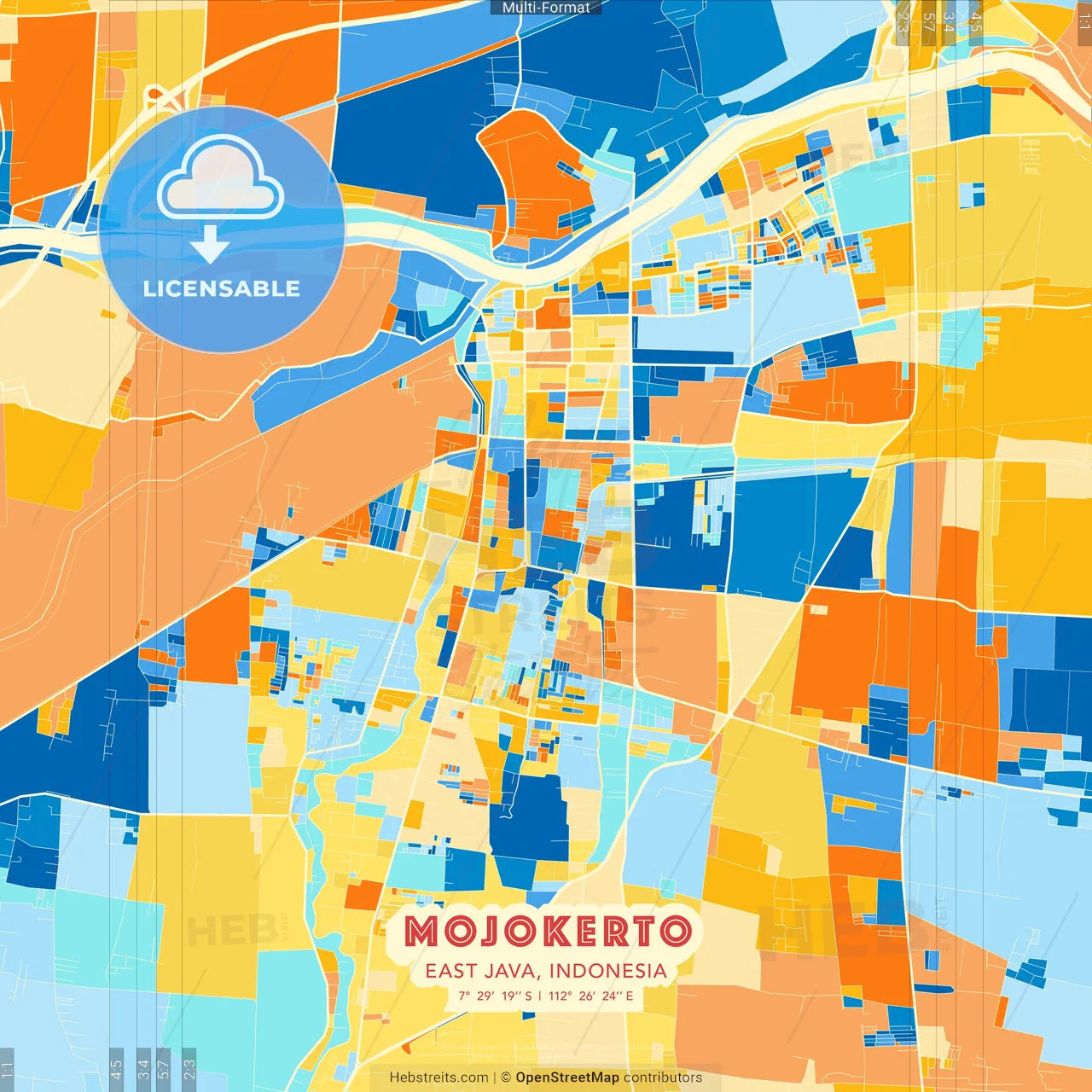 Mojokerto, East Java, Indonesia blue and orange vector art map template