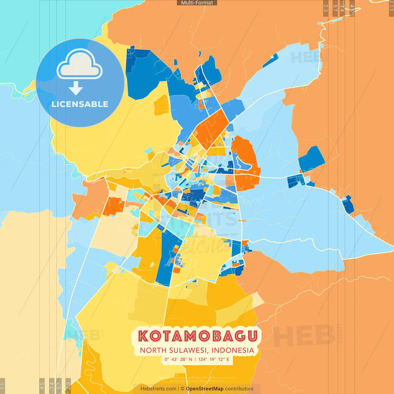 Kotamobagu, North Sulawesi, Indonesia blue and orange vector art map template