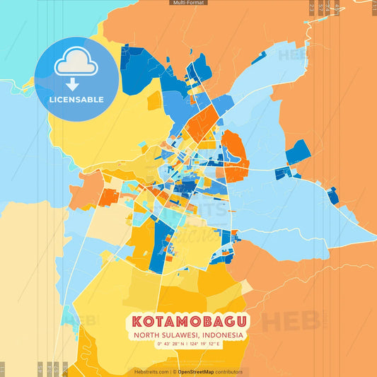 Kotamobagu, North Sulawesi, Indonesia blue and orange vector art map template