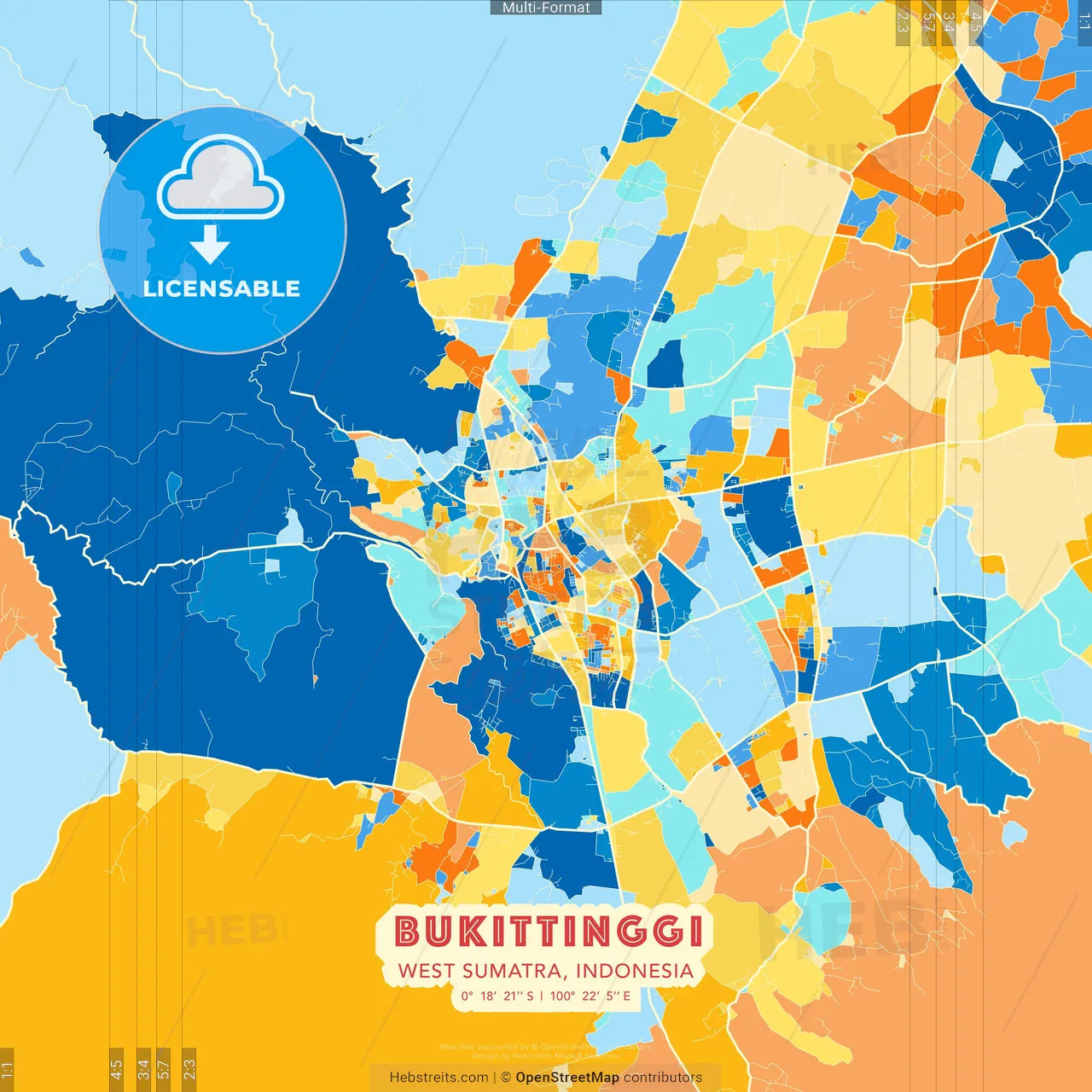 Bukittinggi, West Sumatra, Indonesia blue and orange vector art map template