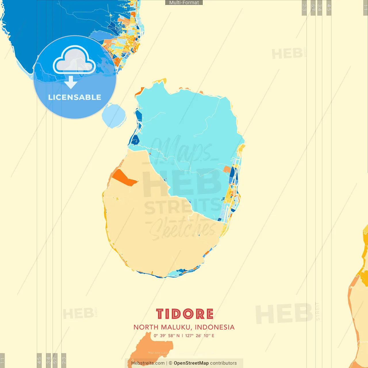 Tidore, North Maluku, Indonesia blue and orange vector art map template