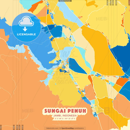 Sungai Penuh, Jambi, Indonesia blue and orange vector art map template