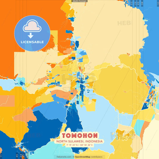 Tomohon, North Sulawesi, Indonesia blue and orange vector art map template
