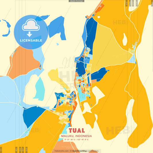 Tual, Maluku, Indonesia blue and orange vector art map template