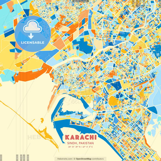 Karachi, Sindh, Pakistan blue and orange vector art map template
