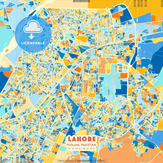 Lahore, Punjab, Pakistan blue and orange vector art map template