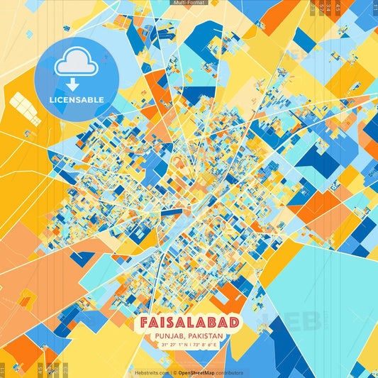 Faisalabad, Punjab, Pakistan blue and orange vector art map template