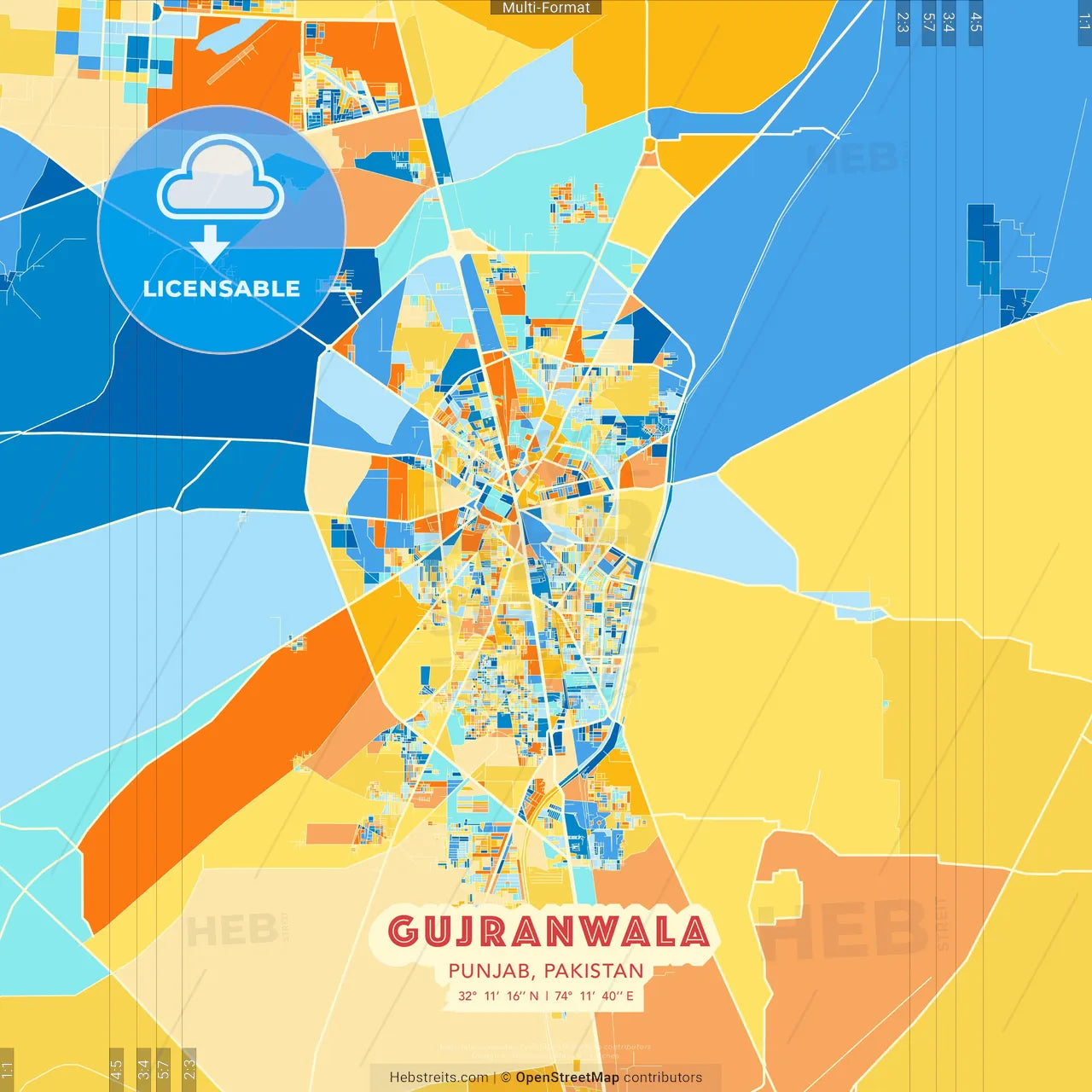 Gujranwala, Punjab, Pakistan blue and orange vector art map template