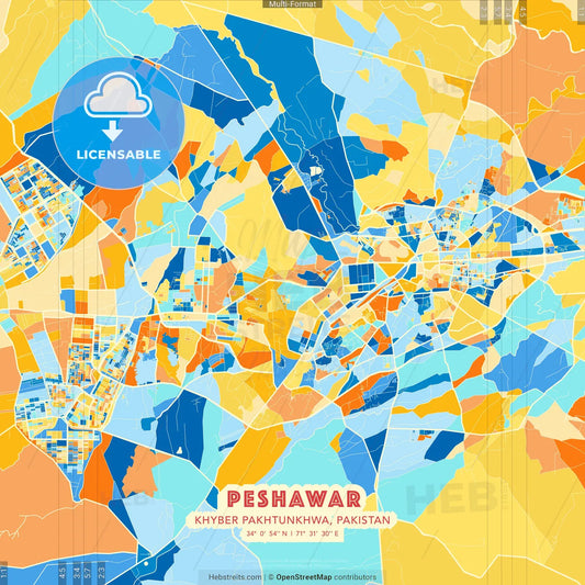 Peshawar, Khyber Pakhtunkhwa, Pakistan blue and orange vector art map template
