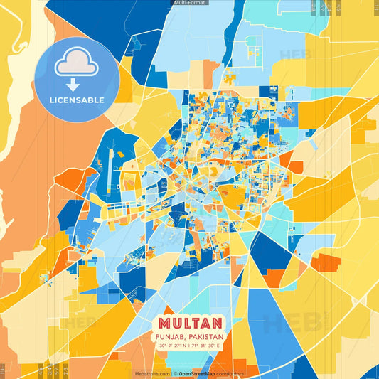 Multan, Punjab, Pakistan blue and orange vector art map template