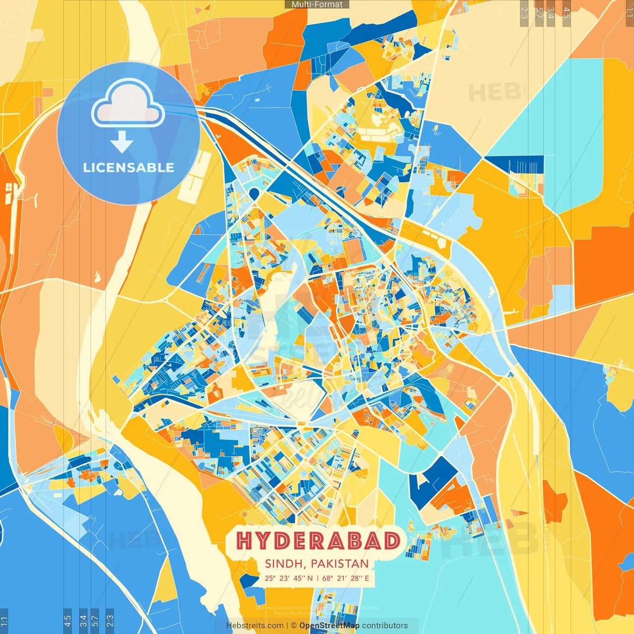 Hyderabad, Sindh, Pakistan blue and orange vector art map template