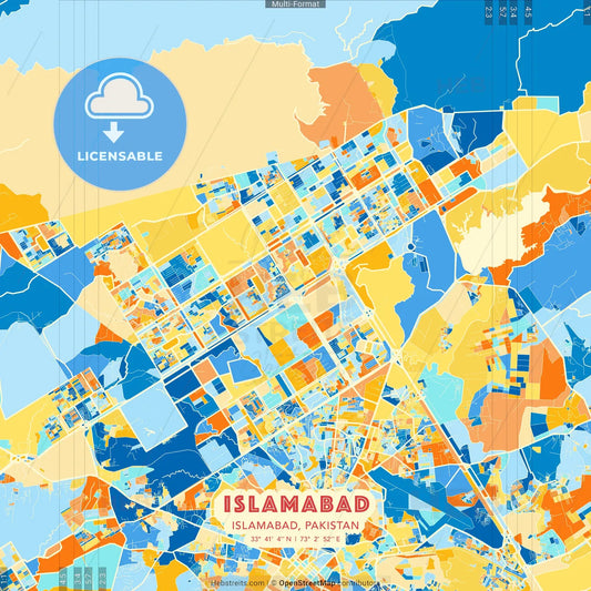 Islamabad, Islamabad, Pakistan blue and orange vector art map template