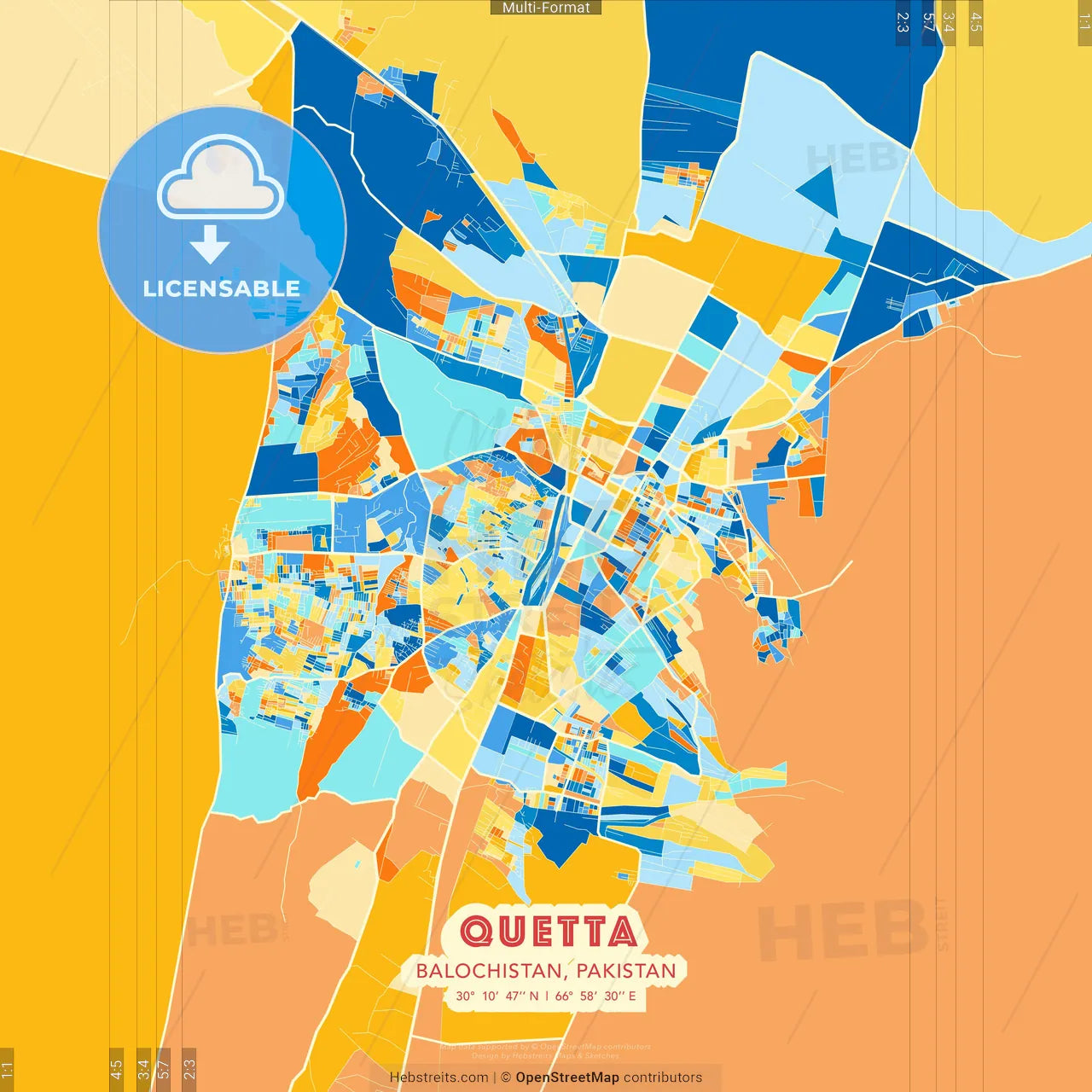 Quetta, Balochistan, Pakistan blue and orange vector art map template