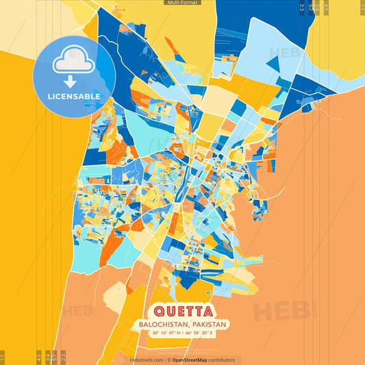 Quetta, Balochistan, Pakistan blue and orange vector art map template