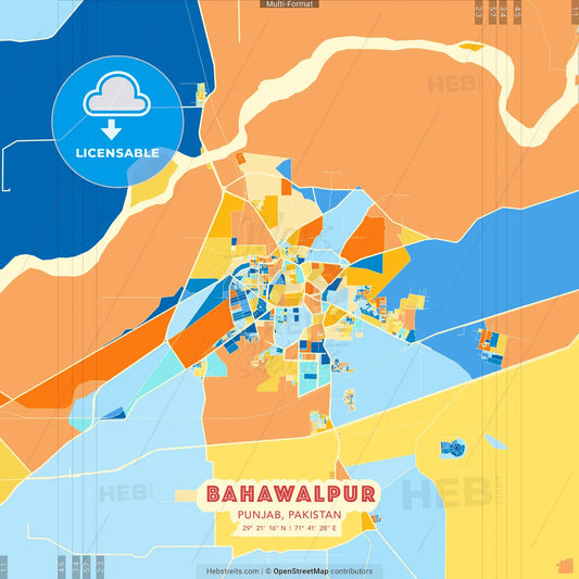 Bahawalpur, Punjab, Pakistan blue and orange vector art map template
