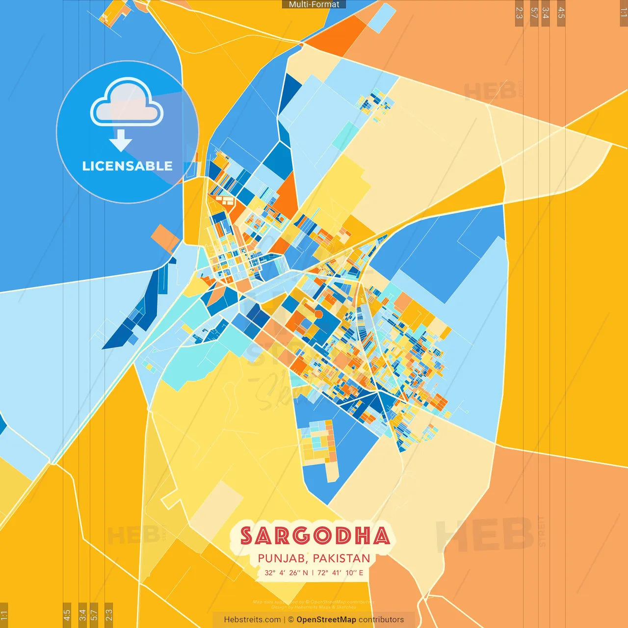 Sargodha, Punjab, Pakistan blue and orange vector art map template