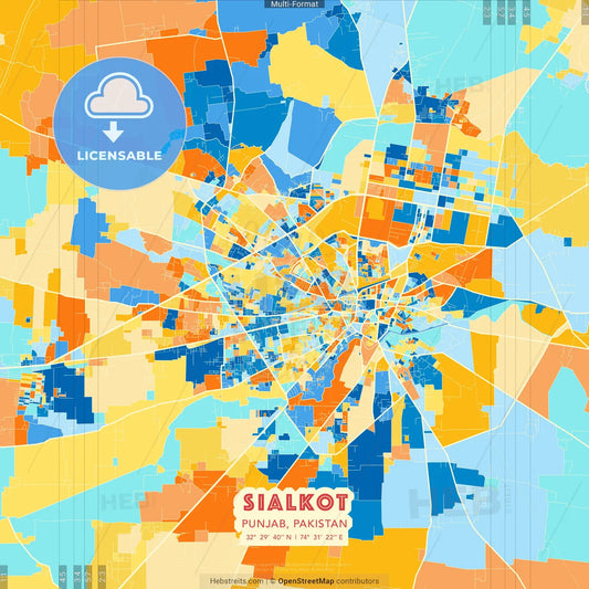 Sialkot, Punjab, Pakistan blue and orange vector art map template