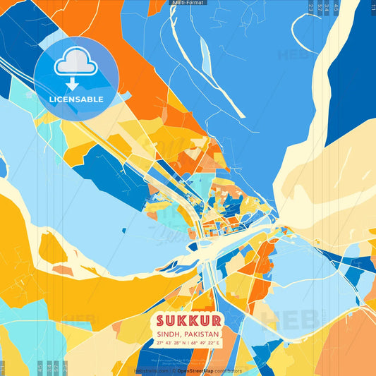 Sukkur, Sindh, Pakistan blue and orange vector art map template