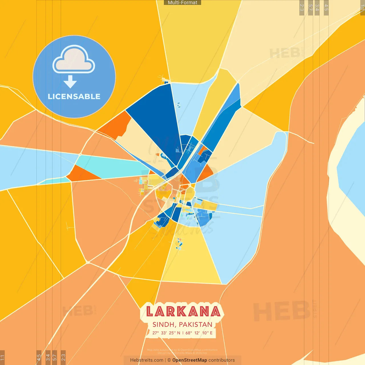 Larkana, Sindh, Pakistan blue and orange vector art map template