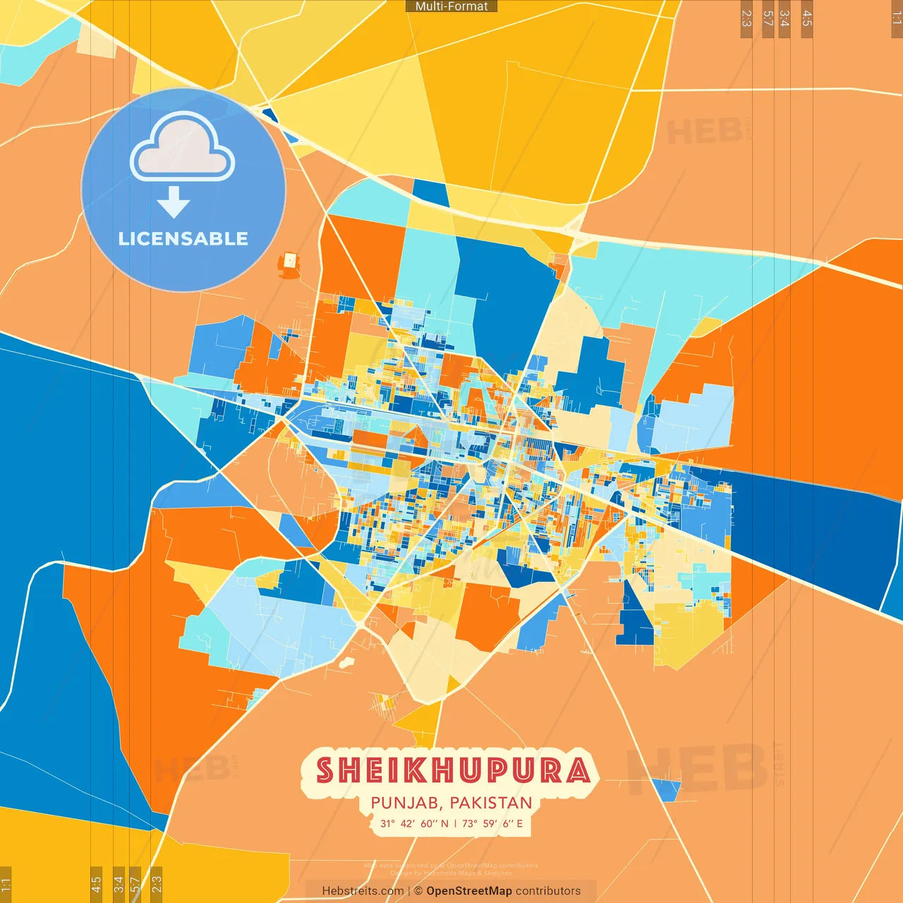 Sheikhupura, Punjab, Pakistan blue and orange vector art map template