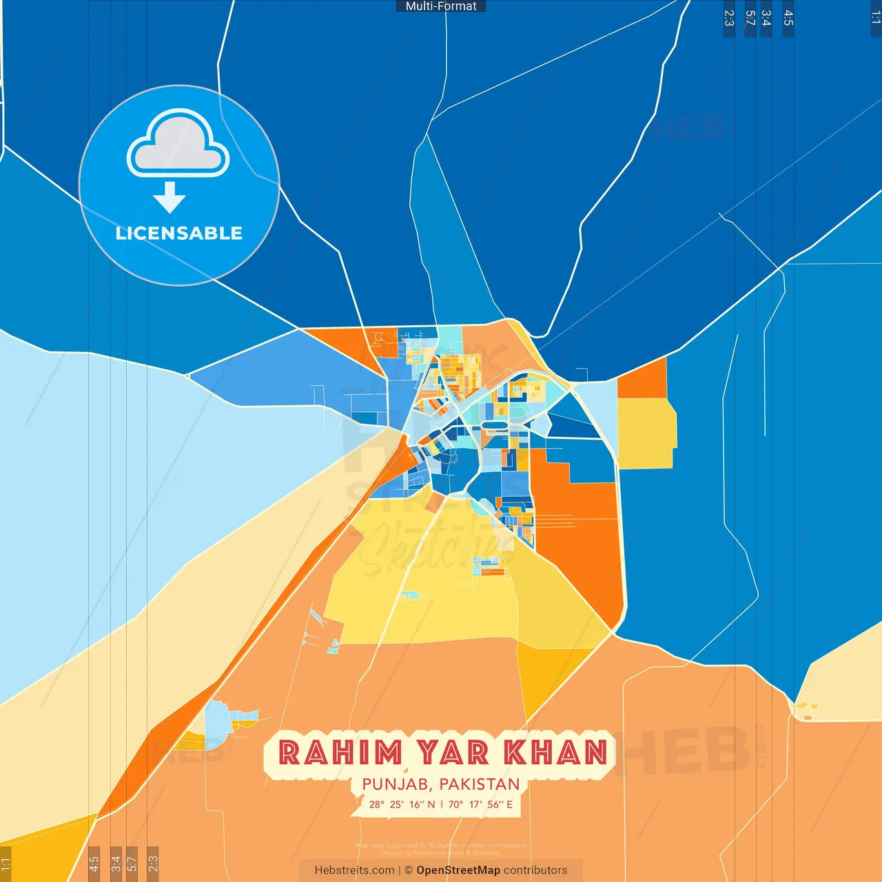 Rahim Yar Khan, Punjab, Pakistan blue and orange vector art map template