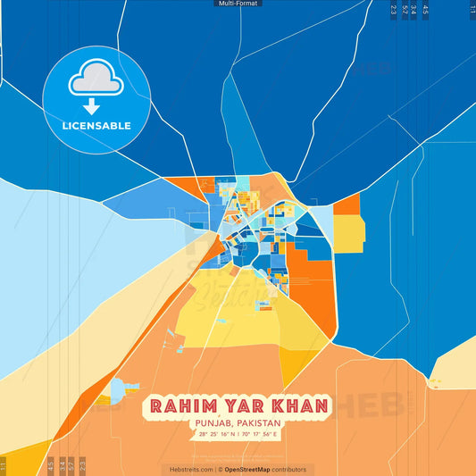 Rahim Yar Khan, Punjab, Pakistan blue and orange vector art map template
